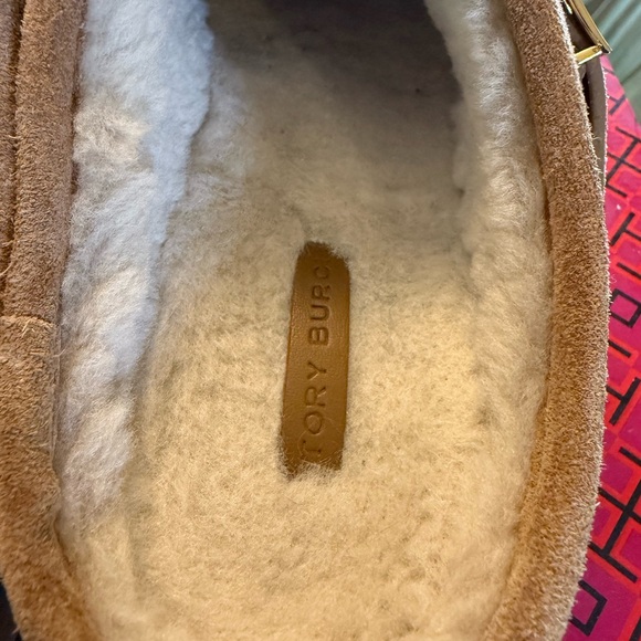Tory Burch Mellow Shearling Platform Clogs Brown Suede Mules Gold Accent - Picture 8 of 9